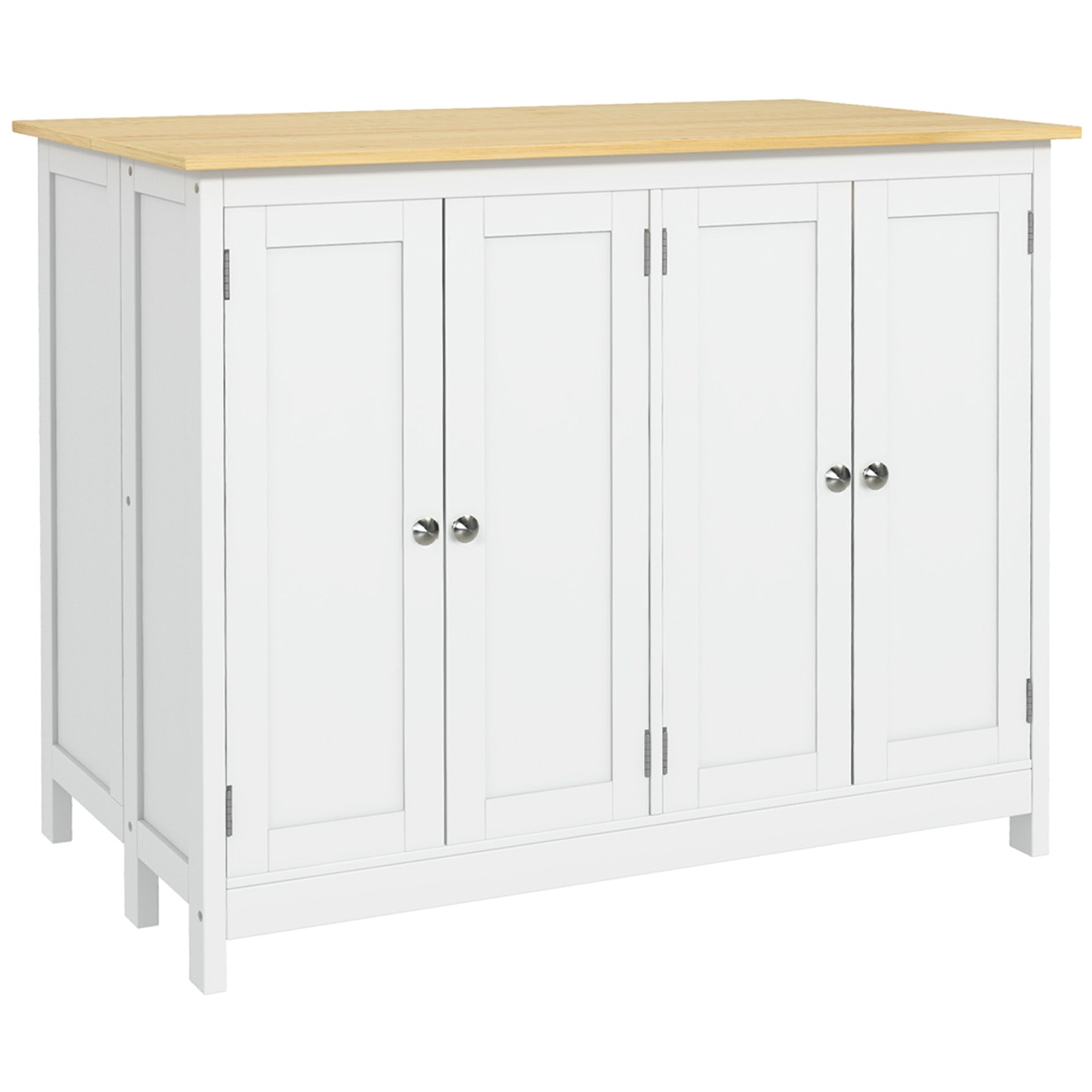 Kitchen Island Cart with 2 Stools, Bar Table and Stool Set with Foldable Worktop, 2 Cabinets with 4 Doors, Modern Design, White