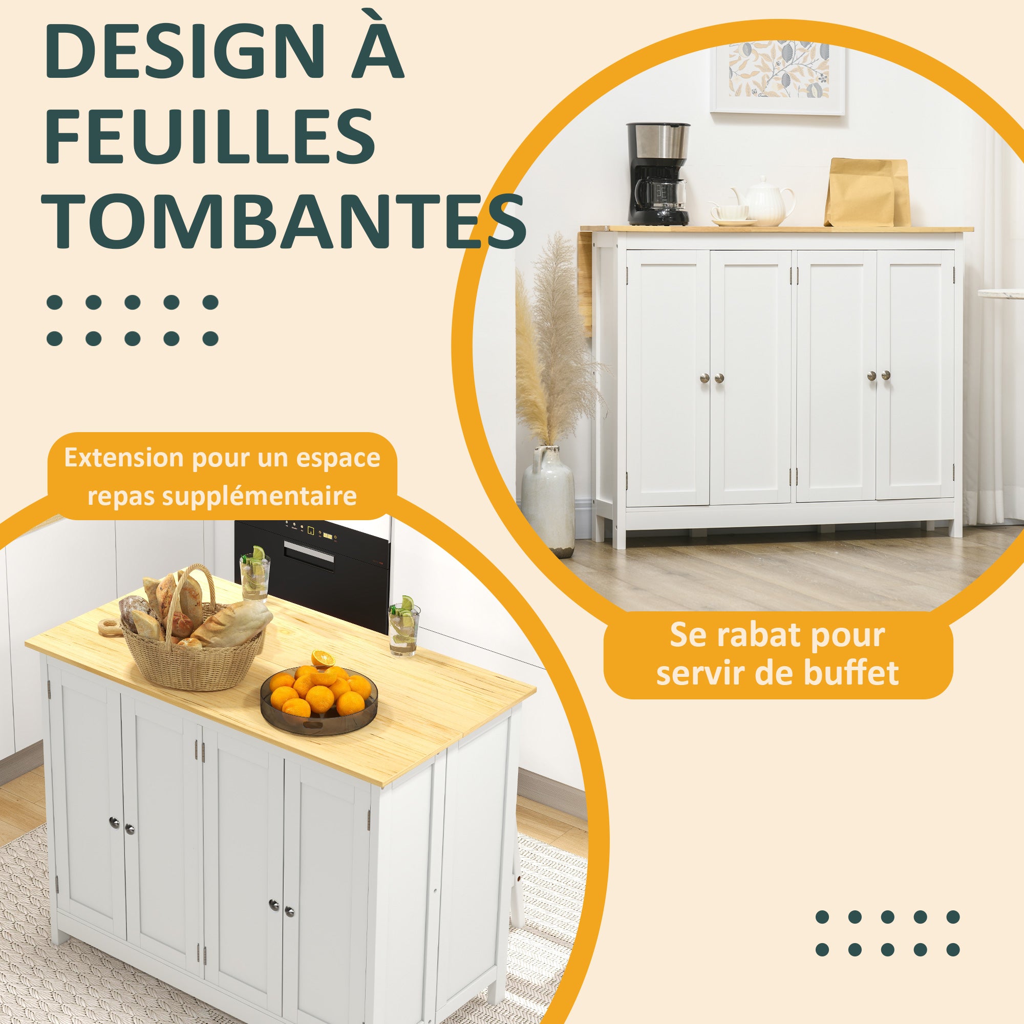 Kitchen Island Cart with 2 Stools, Bar Table and Stool Set with Foldable Worktop, 2 Cabinets with 4 Doors, Modern Design, White