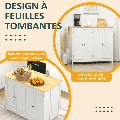Kitchen Island Cart with 2 Stools, Bar Table and Stool Set with Foldable Worktop, 2 Cabinets with 4 Doors, Modern Design, White