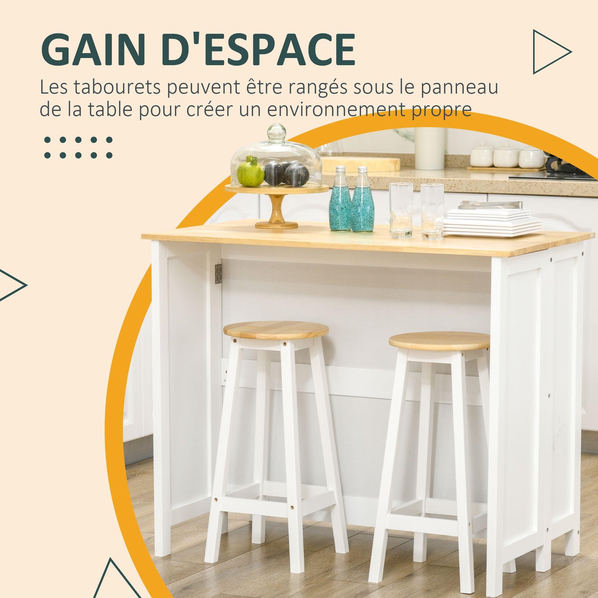 Kitchen Island Cart with 2 Stools, Bar Table and Stool Set with Foldable Worktop, 2 Cabinets with 4 Doors, Modern Design, White