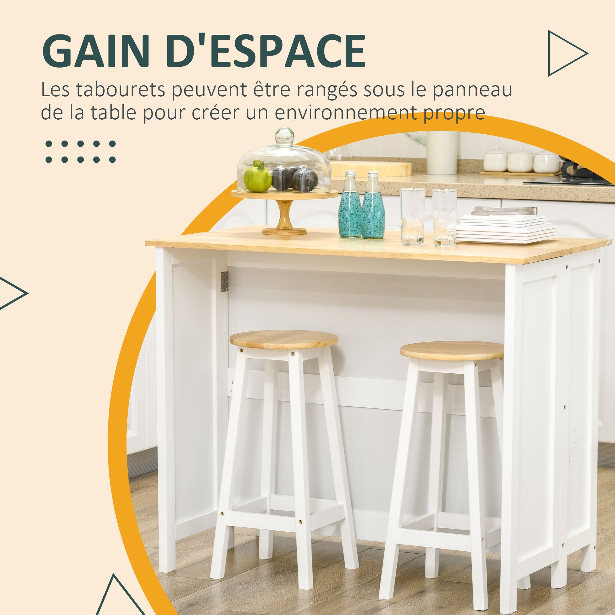 Kitchen Island Cart with 2 Stools, Bar Table and Stool Set with Foldable Worktop, 2 Cabinets with 4 Doors, Modern Design, White