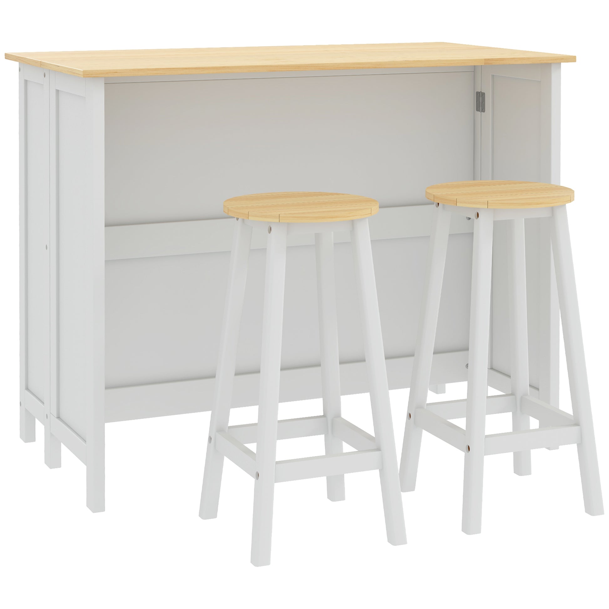 Kitchen Island Cart with 2 Stools, Bar Table and Stool Set with Foldable Worktop, 2 Cabinets with 4 Doors, Modern Design, White