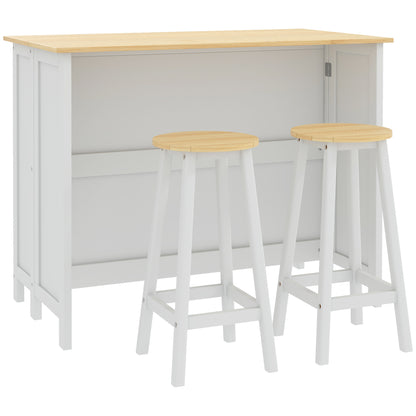 Kitchen Island Cart with 2 Stools, Bar Table and Stool Set with Foldable Worktop, 2 Cabinets with 4 Doors, Modern Design, White