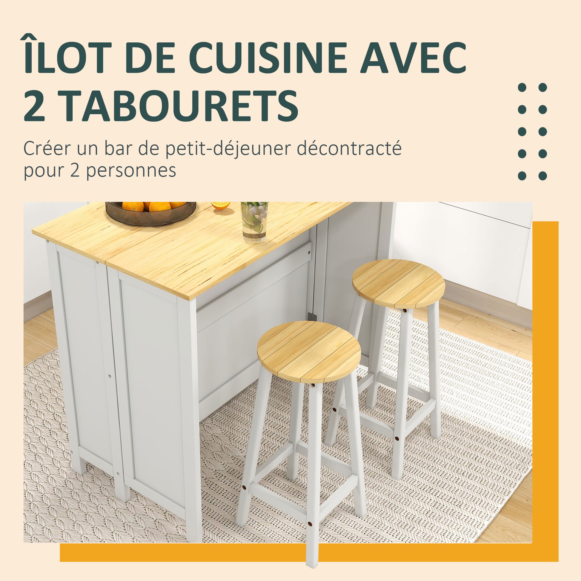 Kitchen Island Cart with 2 Stools, Bar Table and Stool Set with Foldable Worktop, 2 Cabinets with 4 Doors, Modern Design, White