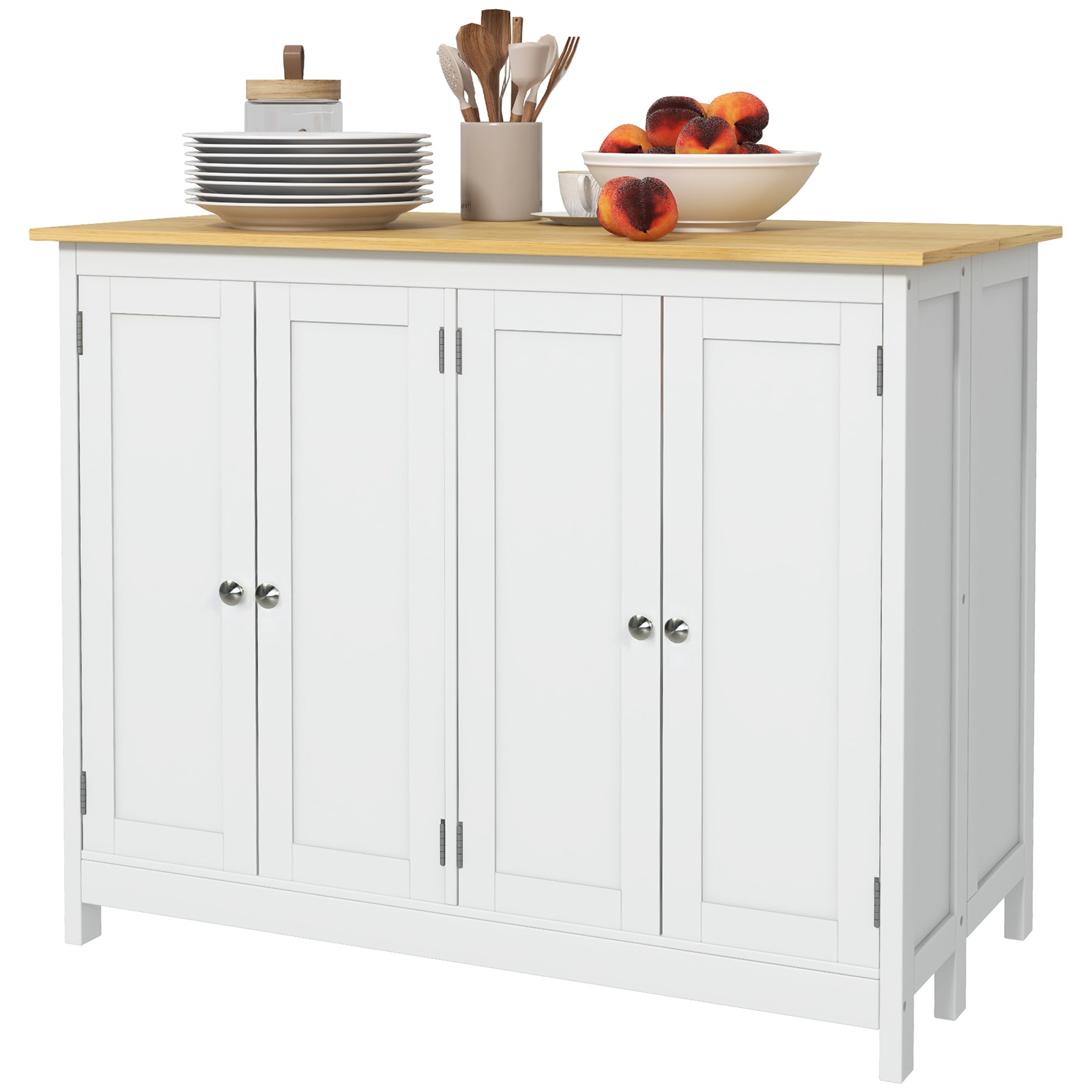 Kitchen Island Cart with 2 Stools, Bar Table and Stool Set with Foldable Worktop, 2 Cabinets with 4 Doors, Modern Design, White