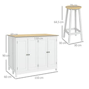 Kitchen Island Cart with 2 Stools, Bar Table and Stool Set with Foldable Worktop, 2 Cabinets with 4 Doors, Modern Design, White