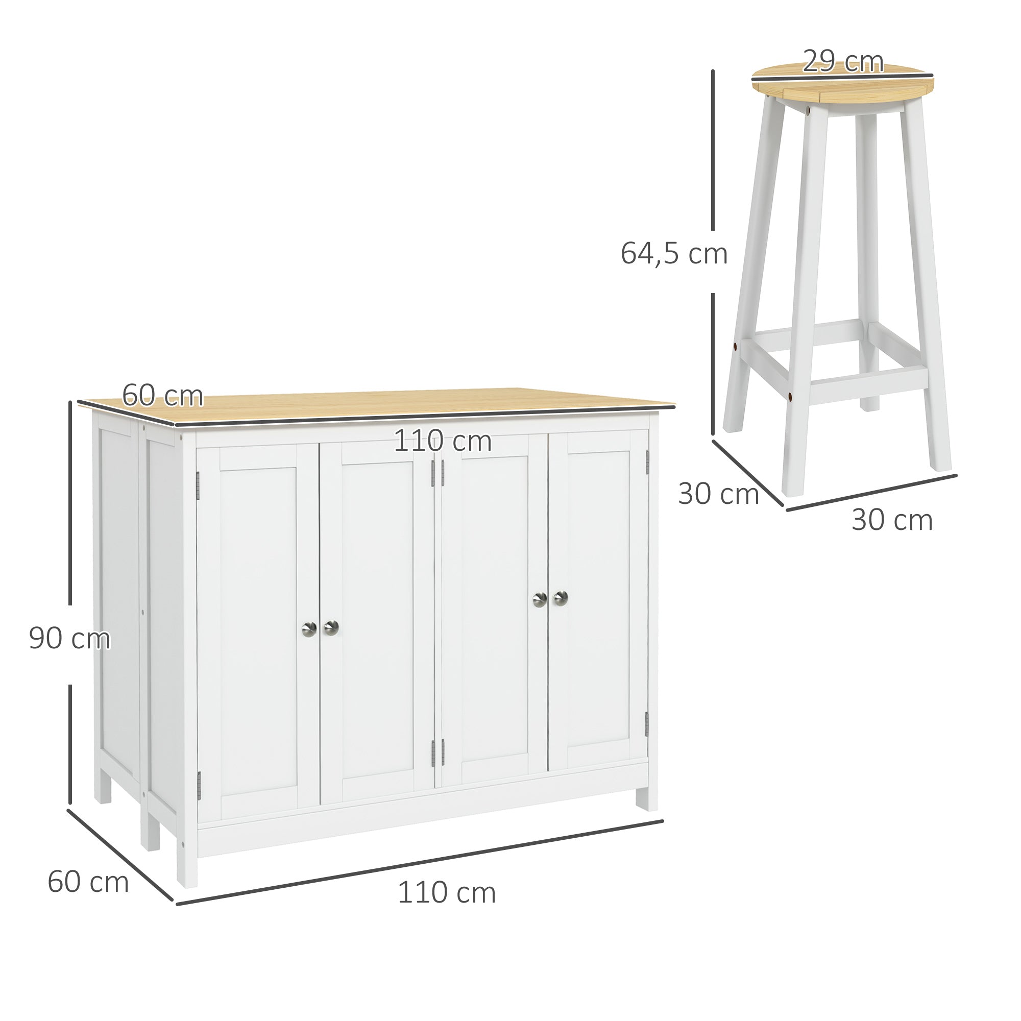 Kitchen Island Cart with 2 Stools, Bar Table and Stool Set with Foldable Worktop, 2 Cabinets with 4 Doors, Modern Design, White