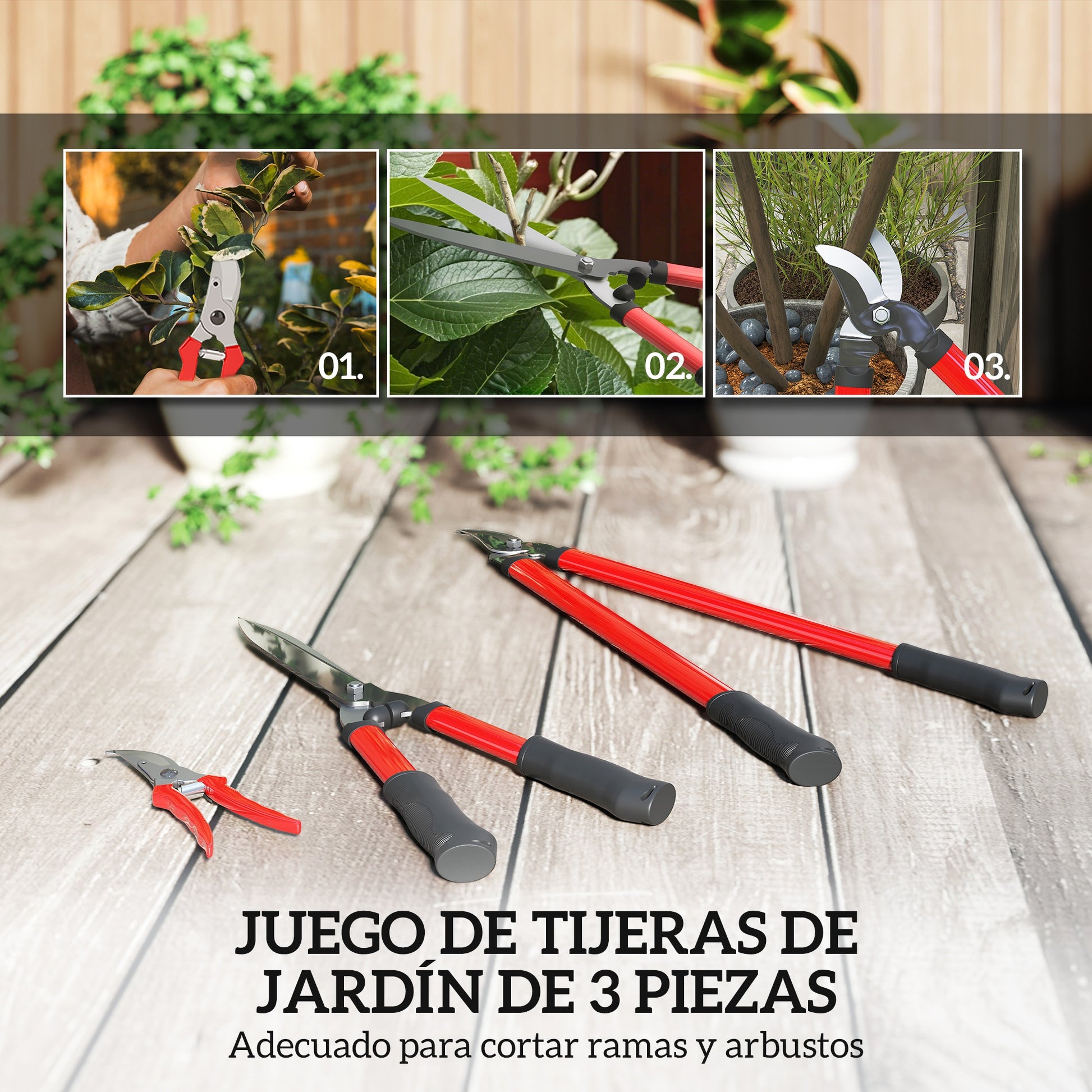 3-Piece Garden Tools Set Gardening Kit with Hedge Shears Lopper Pruning Shears and Non-Slip Rubber Handles Lightweight For Pruning Plants
