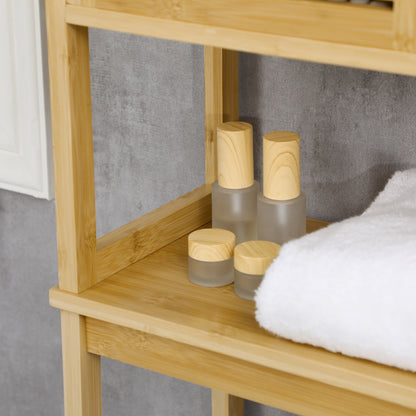 Bamboo Over-the-Toilet Cabinet High Bathroom Storage Cupboard with 2 Louvered Doors 1 Adjustable Shelf and 1 Open Shelf 60x23x173 cm Natural