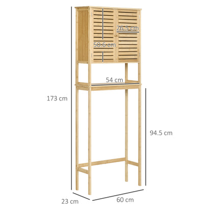 Bamboo Over-the-Toilet Cabinet High Bathroom Storage Cupboard with 2 Louvered Doors 1 Adjustable Shelf and 1 Open Shelf 60x23x173 cm Natural