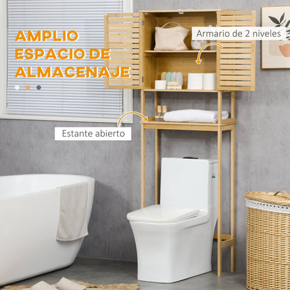Bamboo Over-the-Toilet Cabinet High Bathroom Storage Cupboard with 2 Louvered Doors 1 Adjustable Shelf and 1 Open Shelf 60x23x173 cm Natural