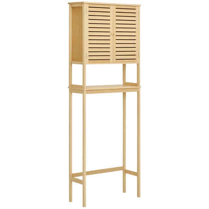 Bamboo Over-the-Toilet Cabinet High Bathroom Storage Cupboard with 2 Louvered Doors 1 Adjustable Shelf and 1 Open Shelf 60x23x173 cm Natural