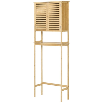 Bamboo Over-the-Toilet Cabinet High Bathroom Storage Cupboard with 2 Louvered Doors 1 Adjustable Shelf and 1 Open Shelf 60x23x173 cm Natural