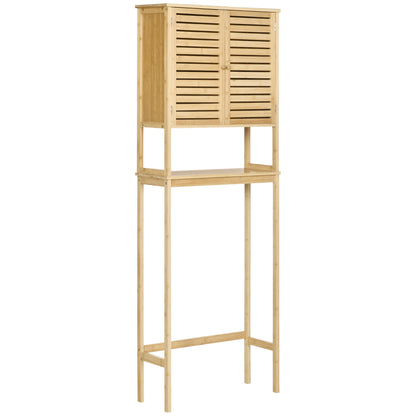 Bamboo Over-the-Toilet Cabinet High Bathroom Storage Cupboard with 2 Louvered Doors 1 Adjustable Shelf and 1 Open Shelf 60x23x173 cm Natural