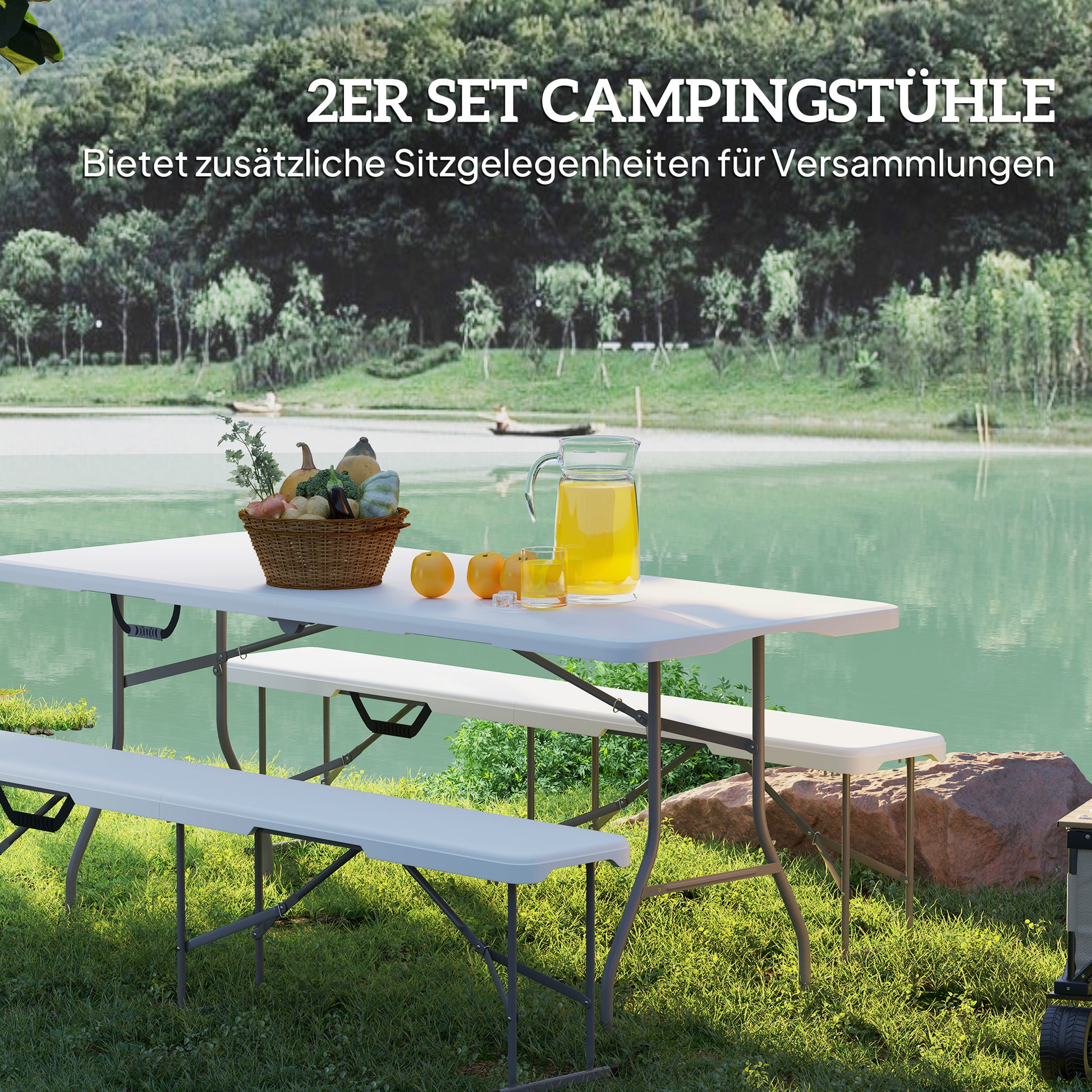 2-Piece Beer Bench Beer Tent Bench Folding Bench 8 People 182cm Foldable Party Bench with Handle, Metal Legs, HDPE Weatherproof Camping Bench for Indoor, Outdoor, Garden Bench up to 240kg White