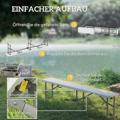 2-Piece Beer Bench Beer Tent Bench Folding Bench 8 People 182cm Foldable Party Bench with Handle, Metal Legs, HDPE Weatherproof Camping Bench for Indoor, Outdoor, Garden Bench up to 240kg White