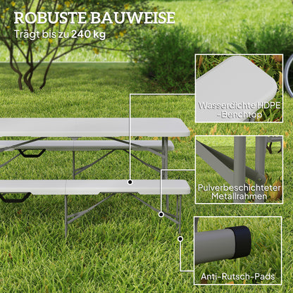 2-Piece Beer Bench Beer Tent Bench Folding Bench 8 People 182cm Foldable Party Bench with Handle, Metal Legs, HDPE Weatherproof Camping Bench for Indoor, Outdoor, Garden Bench up to 240kg White