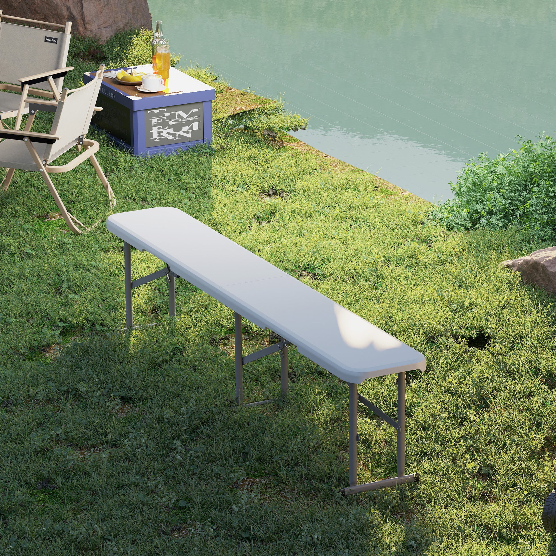 2-Piece Beer Bench Beer Tent Bench Folding Bench 8 People 182cm Foldable Party Bench with Handle, Metal Legs, HDPE Weatherproof Camping Bench for Indoor, Outdoor, Garden Bench up to 240kg White