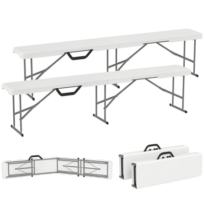 2-Piece Beer Bench Beer Tent Bench Folding Bench 8 People 182cm Foldable Party Bench with Handle, Metal Legs, HDPE Weatherproof Camping Bench for Indoor, Outdoor, Garden Bench up to 240kg White
