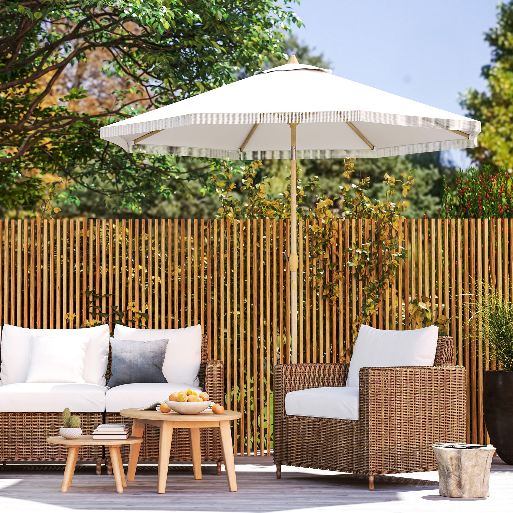 Garden Straight Tilt Umbrella with Crank Fringed Metal Pole Bohemian Style 8 Ribs Ø 265 x 244 cm White