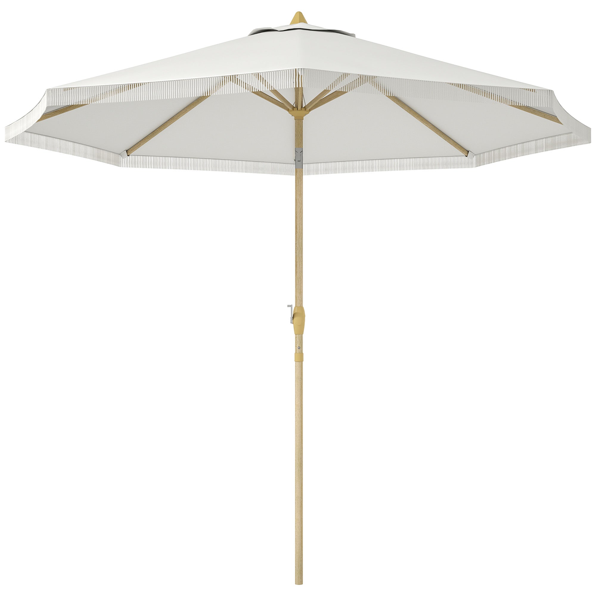 Garden Straight Tilt Umbrella with Crank Fringed Metal Pole Bohemian Style 8 Ribs Ø 265 x 244 cm White