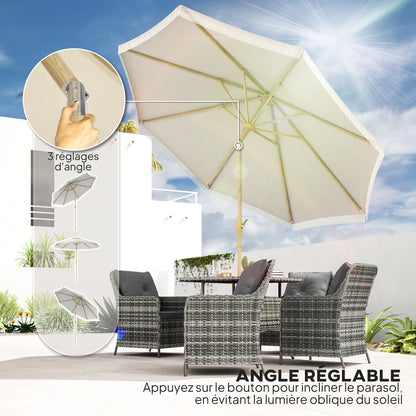 Garden Straight Tilt Umbrella with Crank Fringed Metal Pole Bohemian Style 8 Ribs Ø 265 x 244 cm White