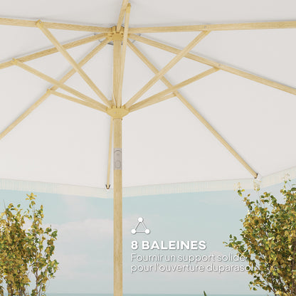 Garden Straight Tilt Umbrella with Crank Fringed Metal Pole Bohemian Style 8 Ribs Ø 265 x 244 cm White