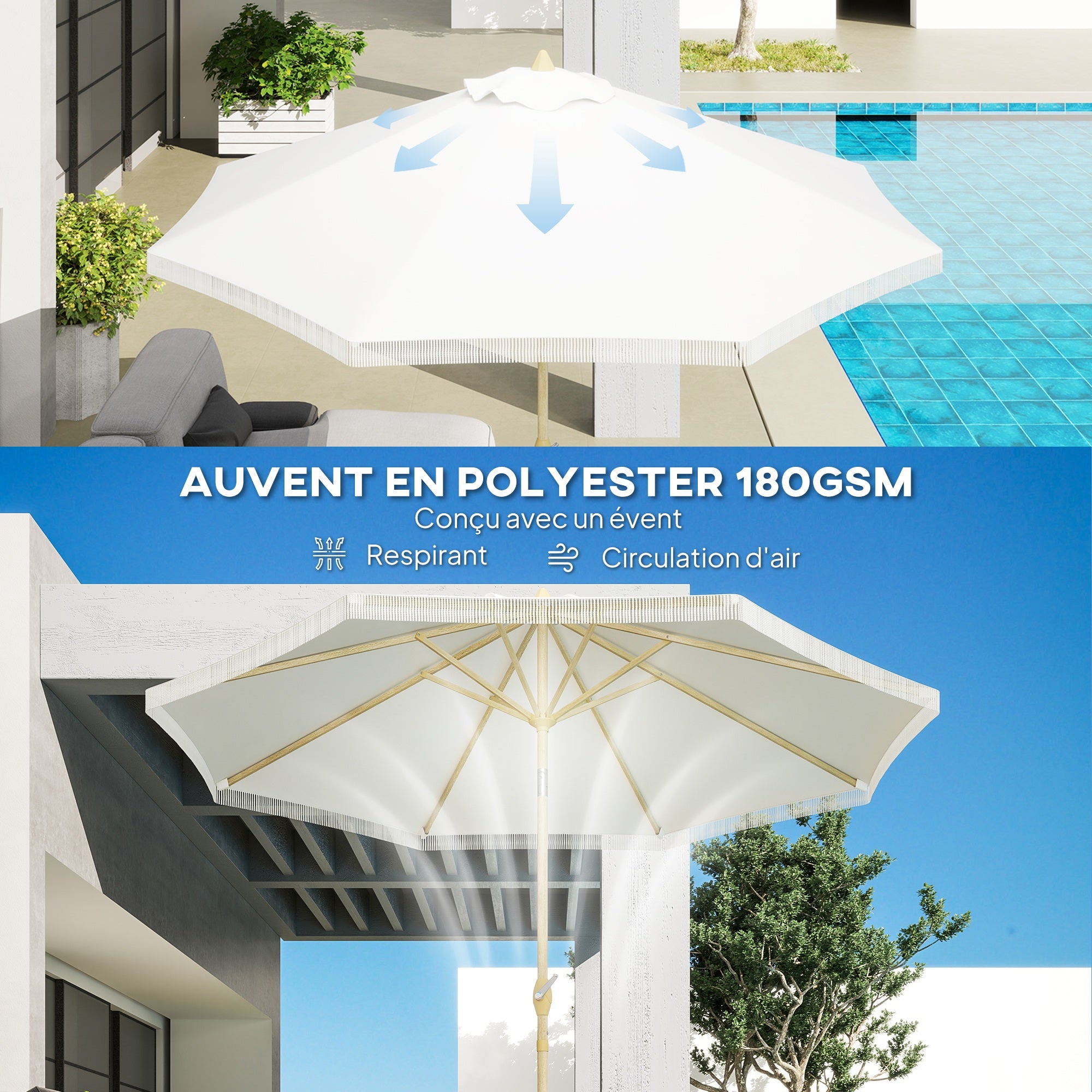 Garden Straight Tilt Umbrella with Crank Fringed Metal Pole Bohemian Style 8 Ribs Ø 265 x 244 cm White