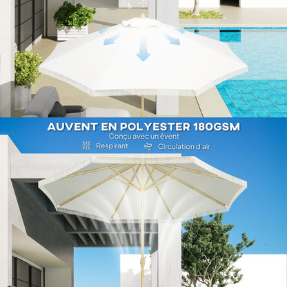 Garden Straight Tilt Umbrella with Crank Fringed Metal Pole Bohemian Style 8 Ribs Ø 265 x 244 cm White