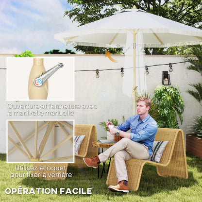 Garden Straight Tilt Umbrella with Crank Fringed Metal Pole Bohemian Style 8 Ribs Ø 265 x 244 cm White