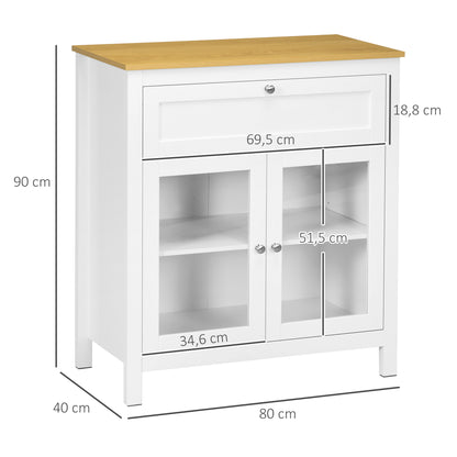 Modern Kitchen Sideboard Buffet Cabinet with Drawer Adjustable Shelf and 2 Glass Doors Storage Cabinet for Dining Room Living Room 80x40x90 cm White