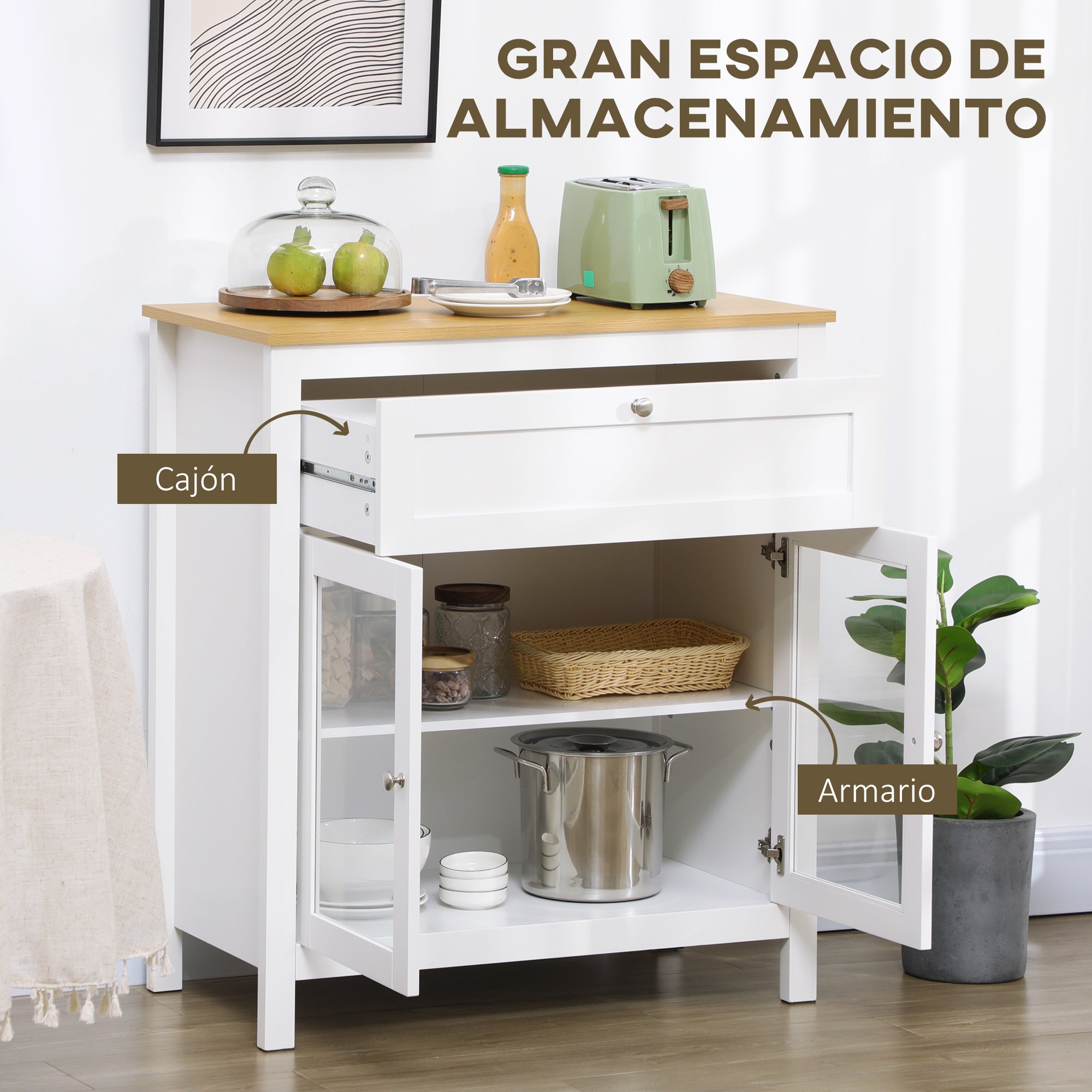 Modern Kitchen Sideboard Buffet Cabinet with Drawer Adjustable Shelf and 2 Glass Doors Storage Cabinet for Dining Room Living Room 80x40x90 cm White
