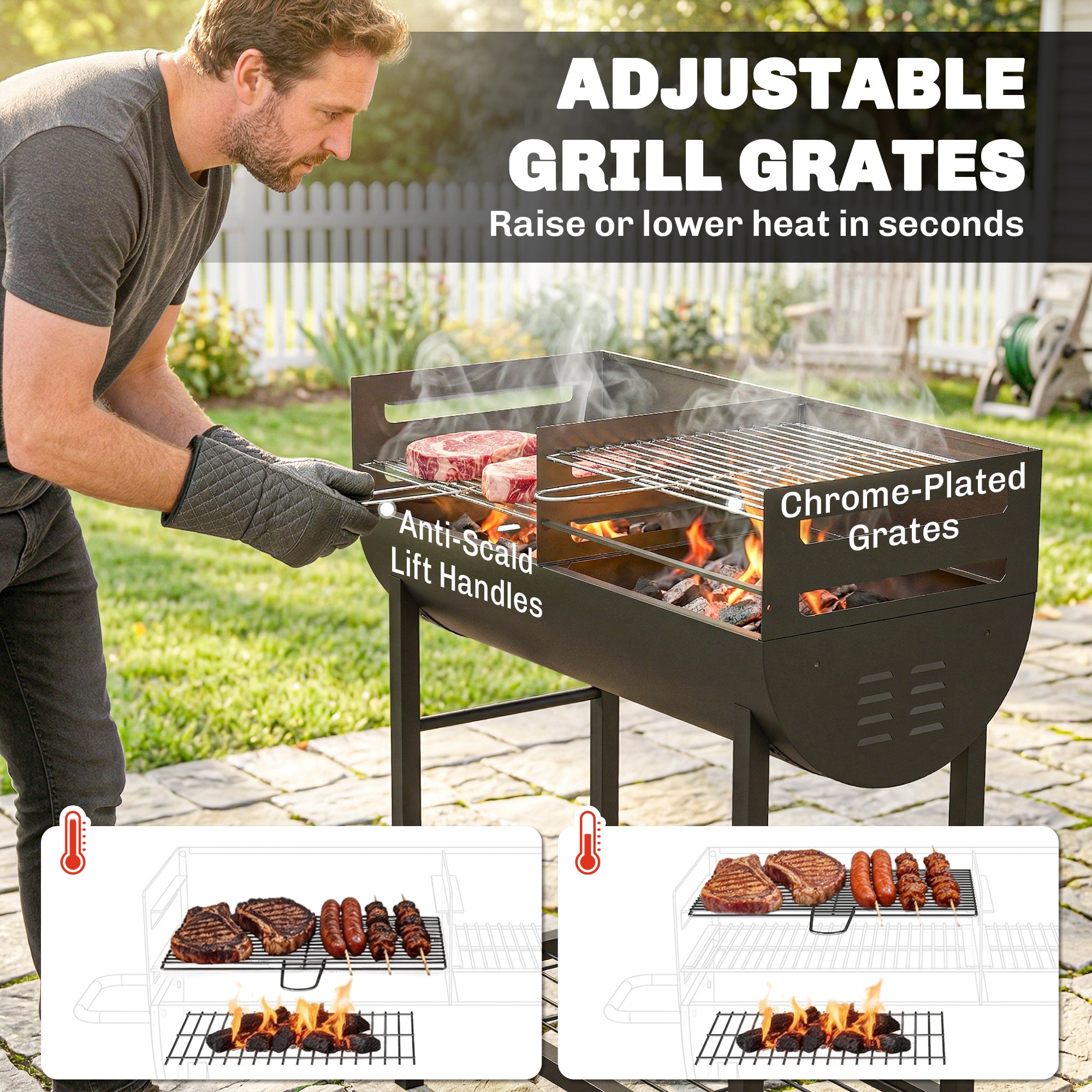 Charcoal Grill Cart with 2 Cooking Zones, Height-Adjustable Grates, Wood Shelf & Wheels – Portable Charcoal Grill for Patio, Picnic, Party (103 x 46.5 x 100 cm / 40.6" x 18.3" x 39.4") Black