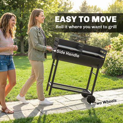 Charcoal Grill Cart with 2 Cooking Zones, Height-Adjustable Grates, Wood Shelf & Wheels – Portable Charcoal Grill for Patio, Picnic, Party (103 x 46.5 x 100 cm / 40.6" x 18.3" x 39.4") Black