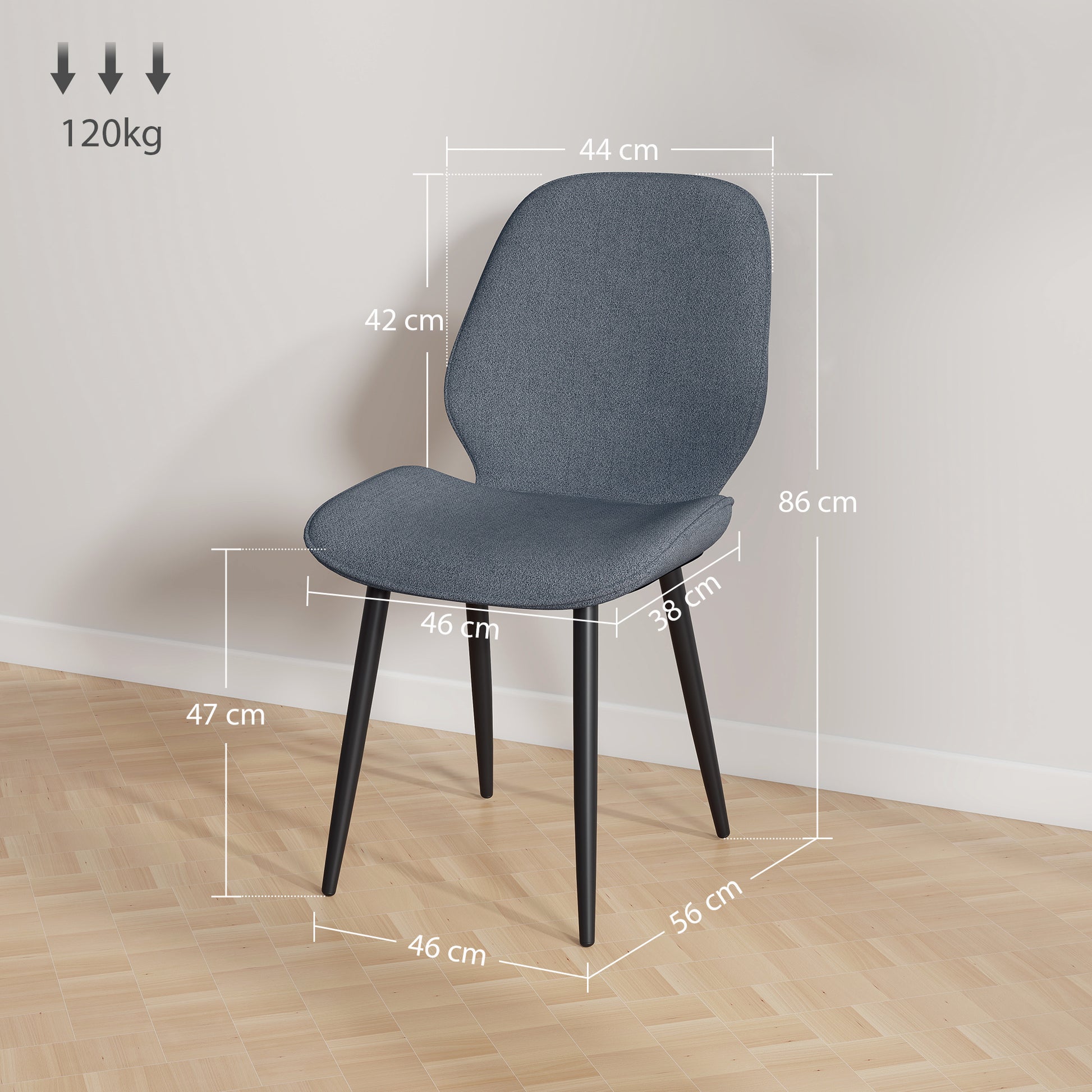 Set of 2 modern kitchen dining chairs with metal legs, curved backrest, and padded seat for dining room, bedroom, living room, gray