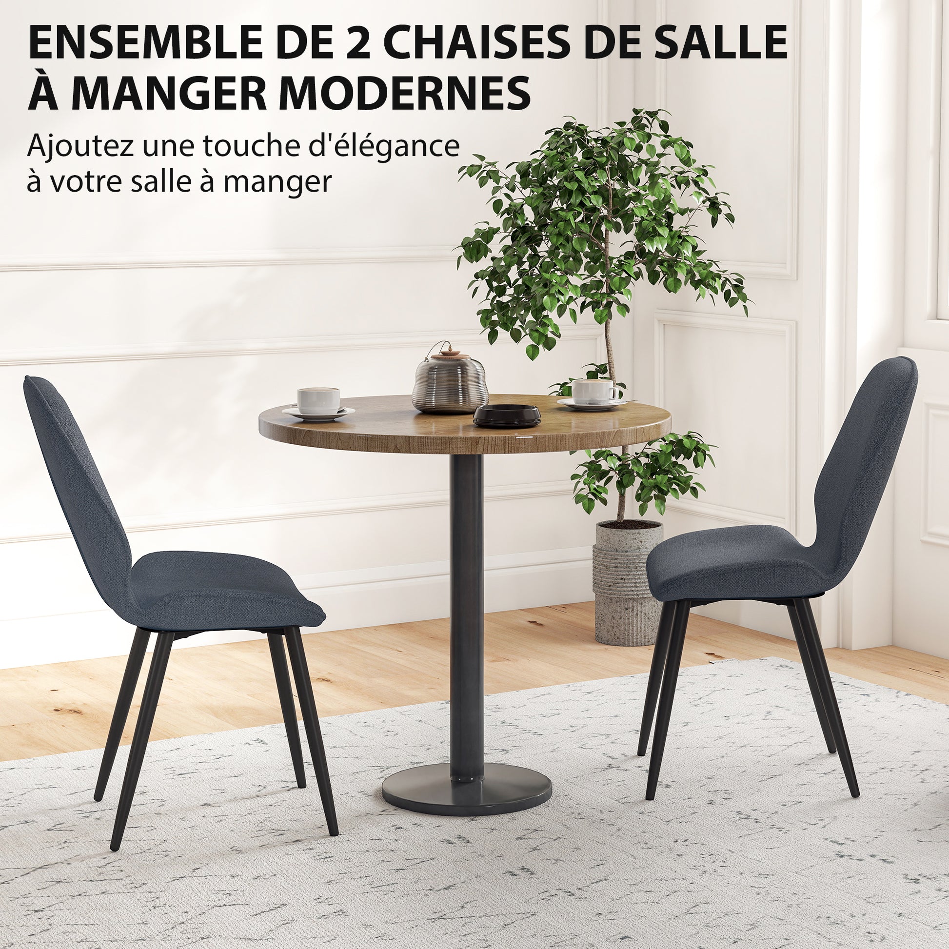 Set of 2 modern kitchen dining chairs with metal legs, curved backrest, and padded seat for dining room, bedroom, living room, gray