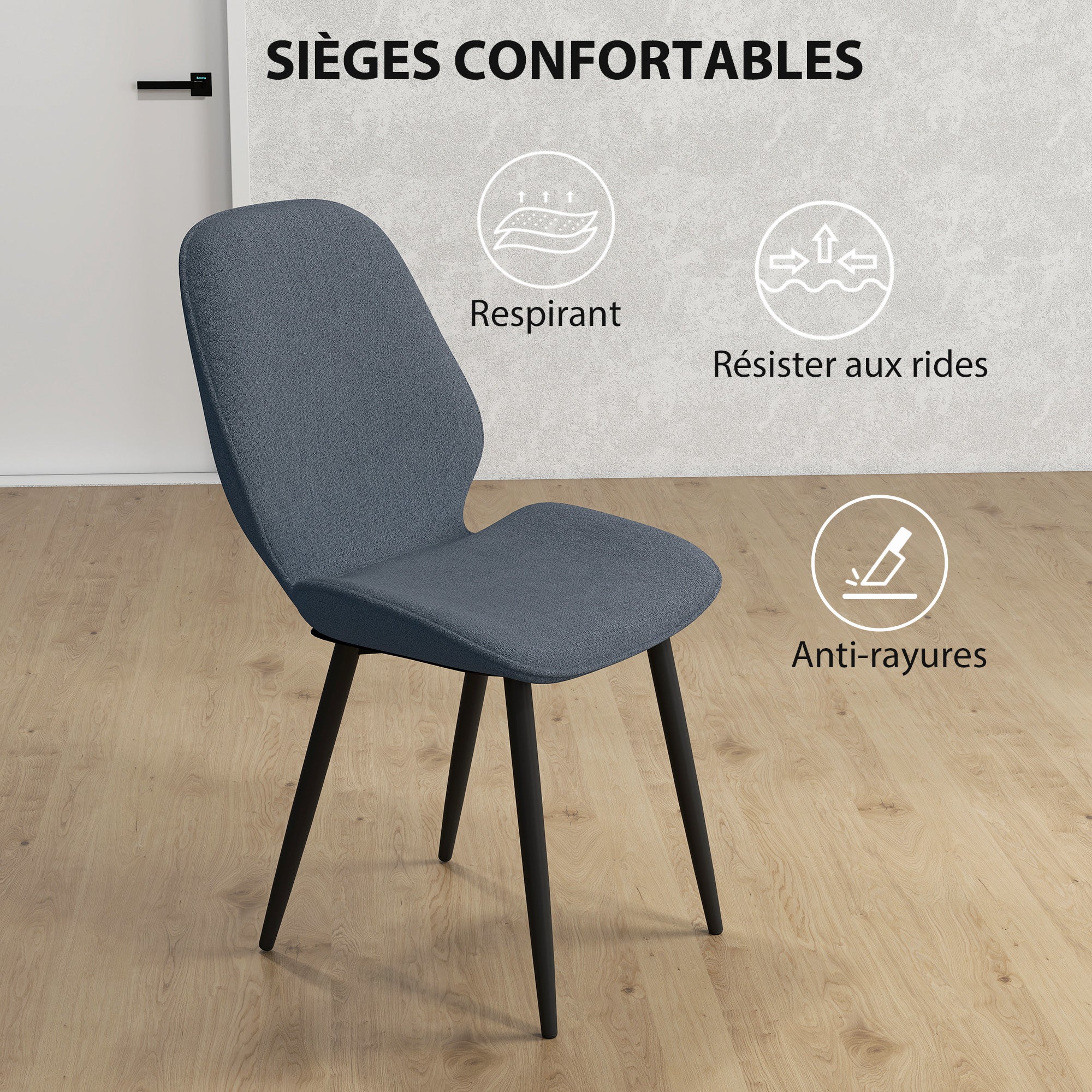 Set of 2 modern kitchen dining chairs with metal legs, curved backrest, and padded seat for dining room, bedroom, living room, gray