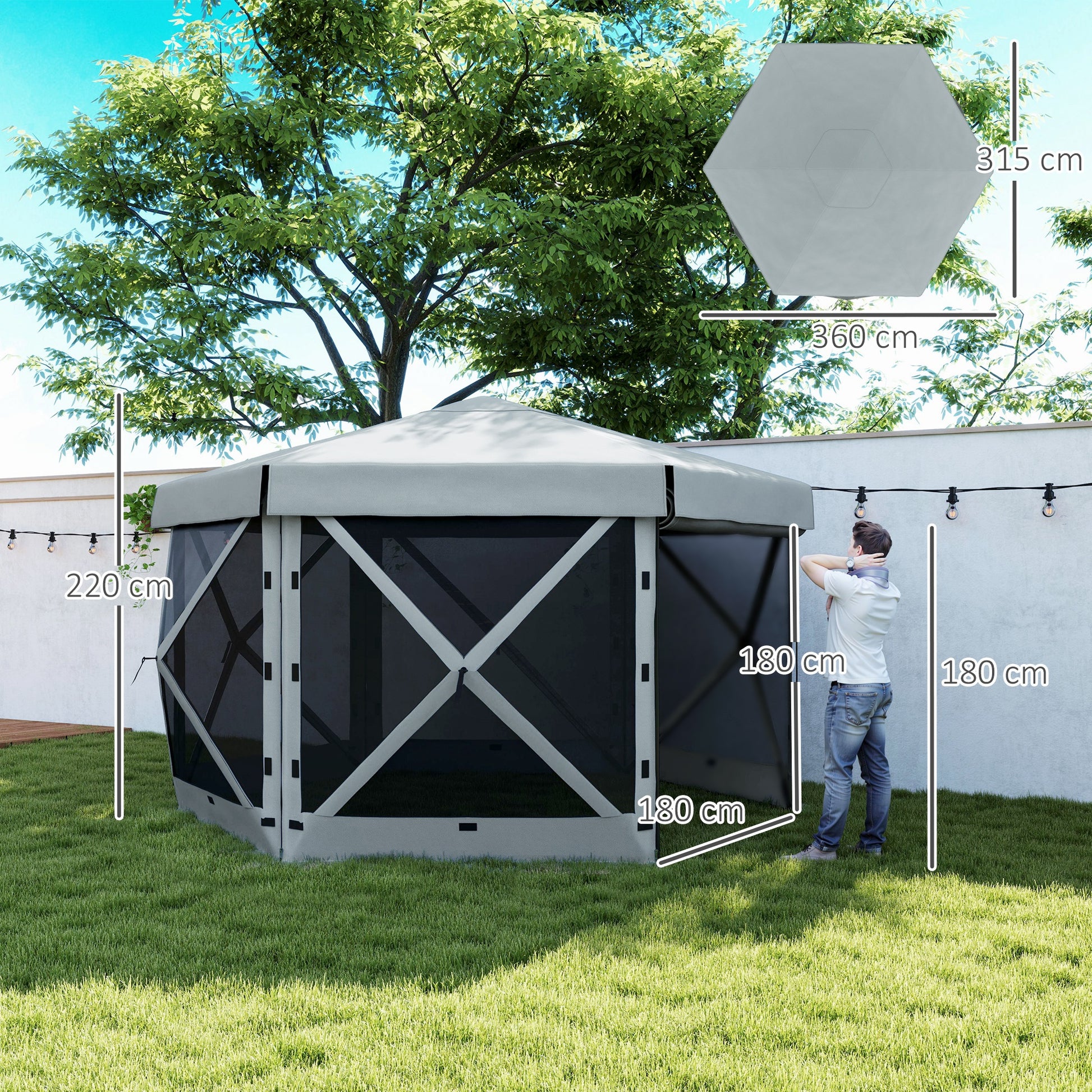 Hexagonal Pavilion approx. 3.6x3m Waterproof Pop-up Folding Pavilion with 5 Side Panels, Bag, Foldable Party Tent UV 30+ Winterproof Garden Tent Garden Pavilion for Camping Garden Festival, Light Gray