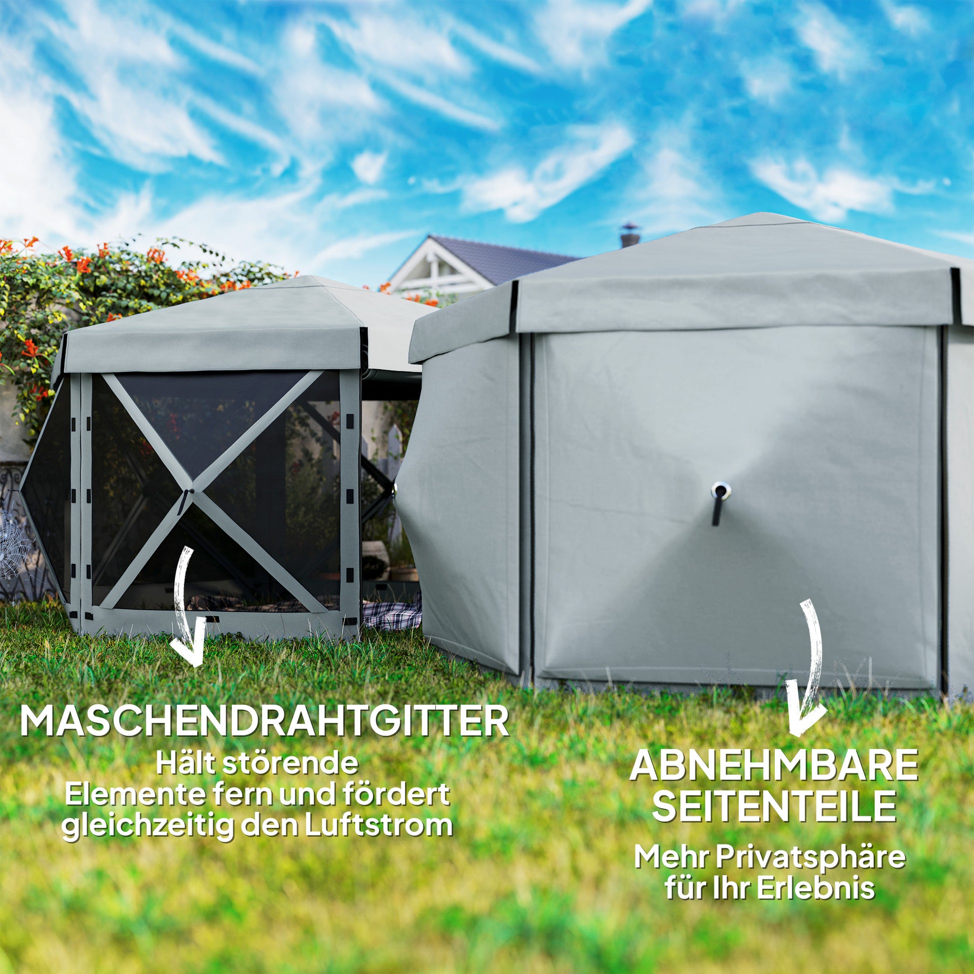 Hexagonal Pavilion approx. 3.6x3m Waterproof Pop-up Folding Pavilion with 5 Side Panels, Bag, Foldable Party Tent UV 30+ Winterproof Garden Tent Garden Pavilion for Camping Garden Festival, Light Gray