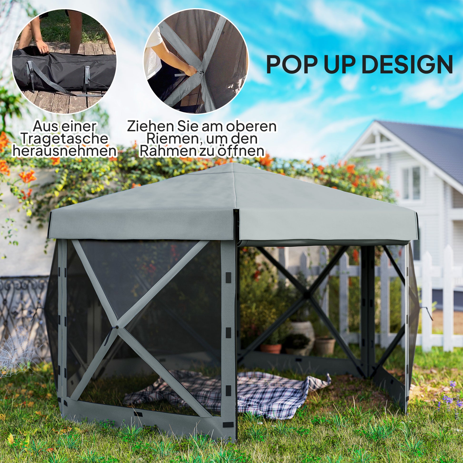Hexagonal Pavilion approx. 3.6x3m Waterproof Pop-up Folding Pavilion with 5 Side Panels, Bag, Foldable Party Tent UV 30+ Winterproof Garden Tent Garden Pavilion for Camping Garden Festival, Light Gray