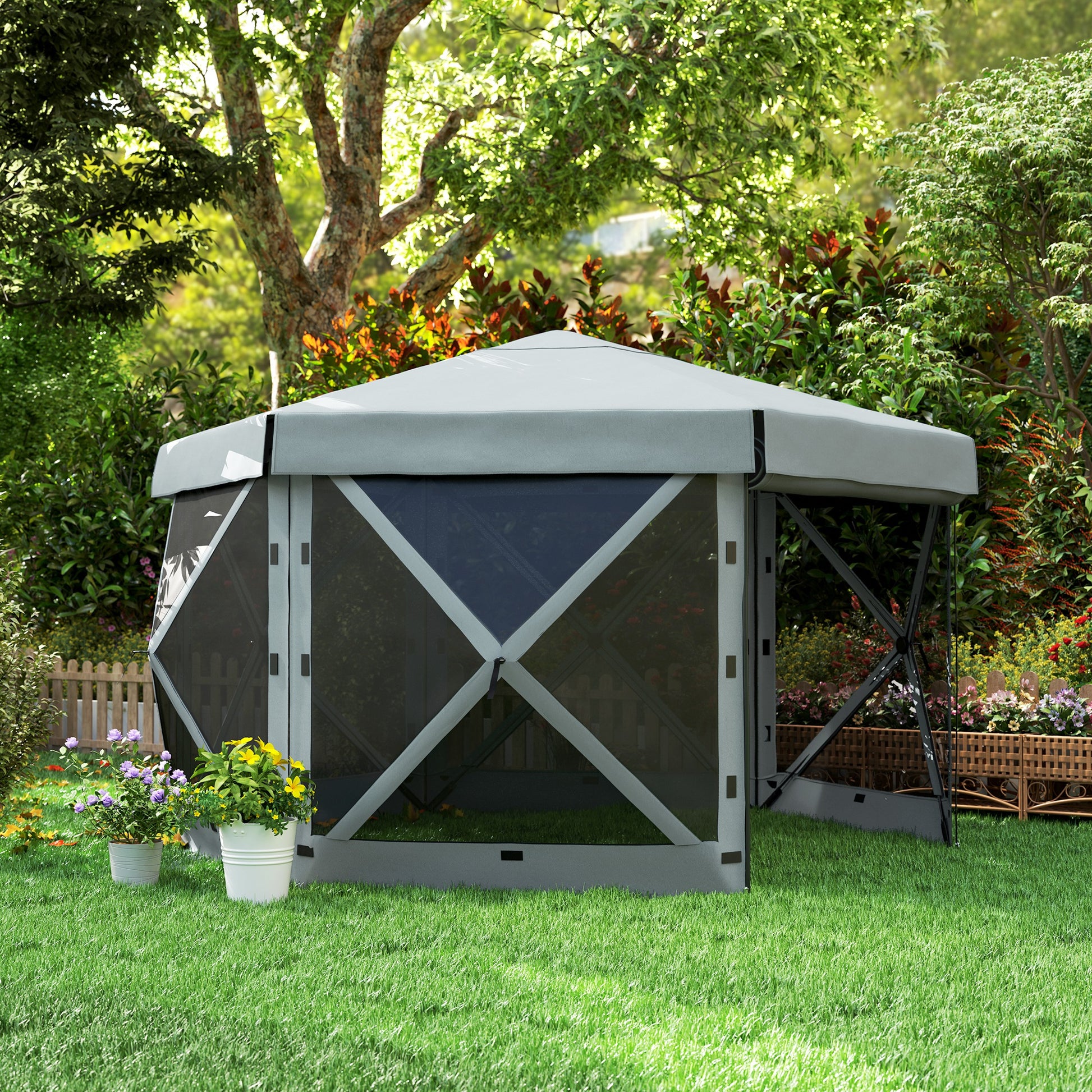 Hexagonal Pavilion approx. 3.6x3m Waterproof Pop-up Folding Pavilion with 5 Side Panels, Bag, Foldable Party Tent UV 30+ Winterproof Garden Tent Garden Pavilion for Camping Garden Festival, Light Gray