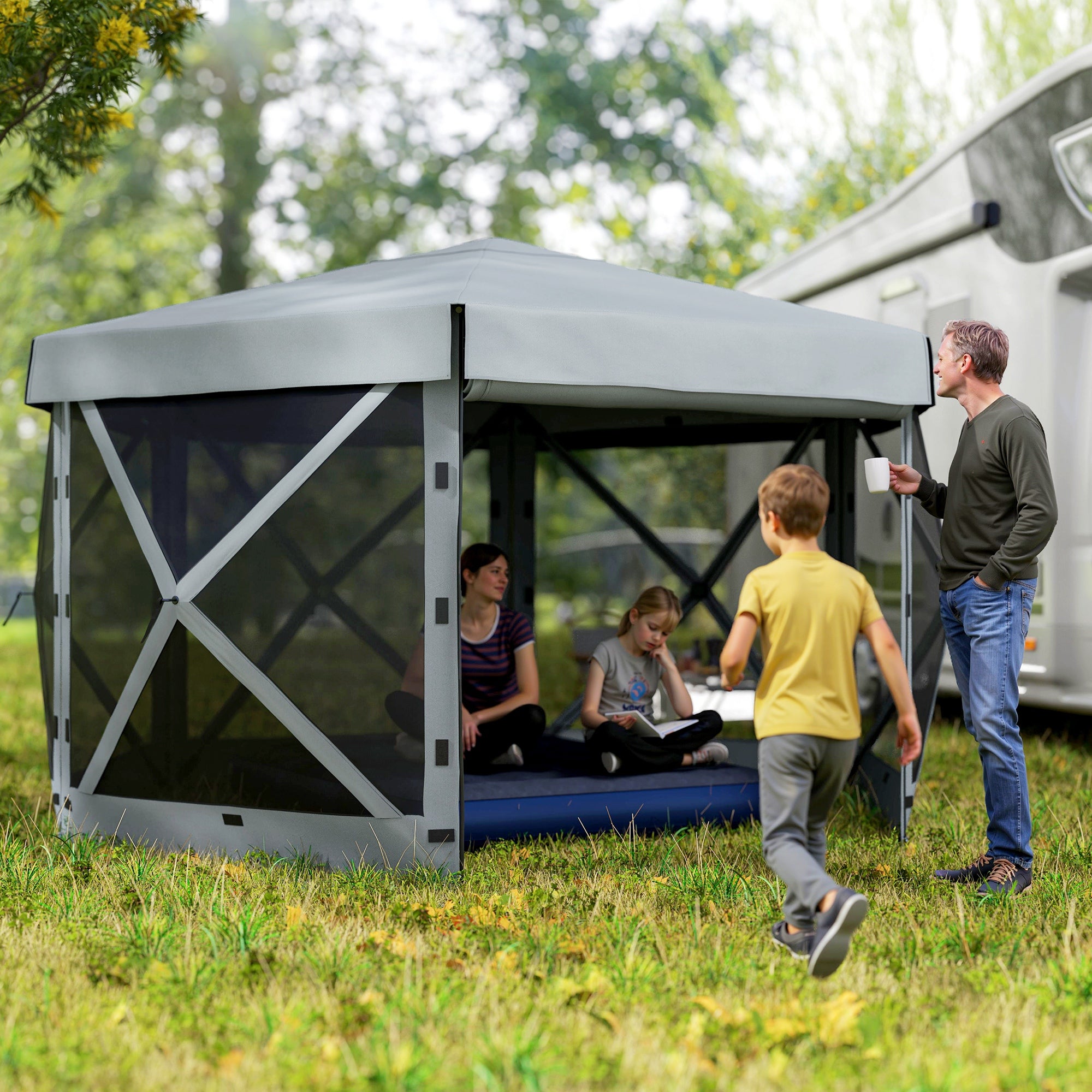 Hexagonal Pavilion approx. 3.6x3m Waterproof Pop-up Folding Pavilion with 5 Side Panels, Bag, Foldable Party Tent UV 30+ Winterproof Garden Tent Garden Pavilion for Camping Garden Festival, Light Gray