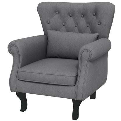 Vintage Style Living Room Armchair, Upholstered Bedroom Armchair with Lumbar Cushion and Fabric Cover, Dark Gray
