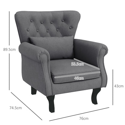 Vintage Style Living Room Armchair, Upholstered Bedroom Armchair with Lumbar Cushion and Fabric Cover, Dark Gray