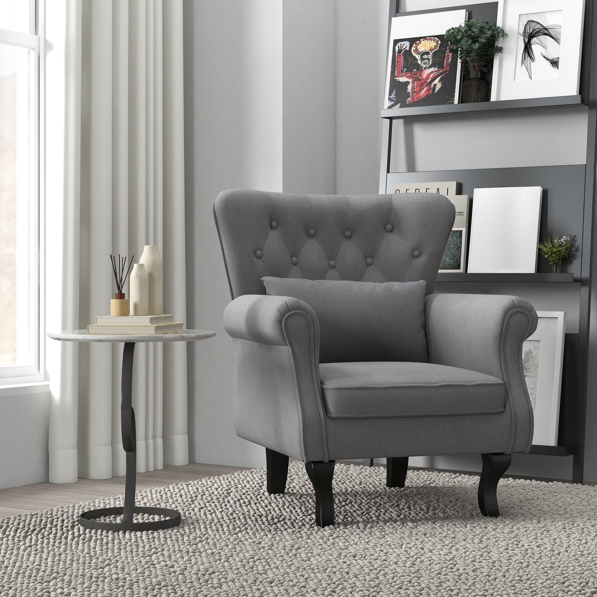 Vintage Style Living Room Armchair, Upholstered Bedroom Armchair with Lumbar Cushion and Fabric Cover, Dark Gray