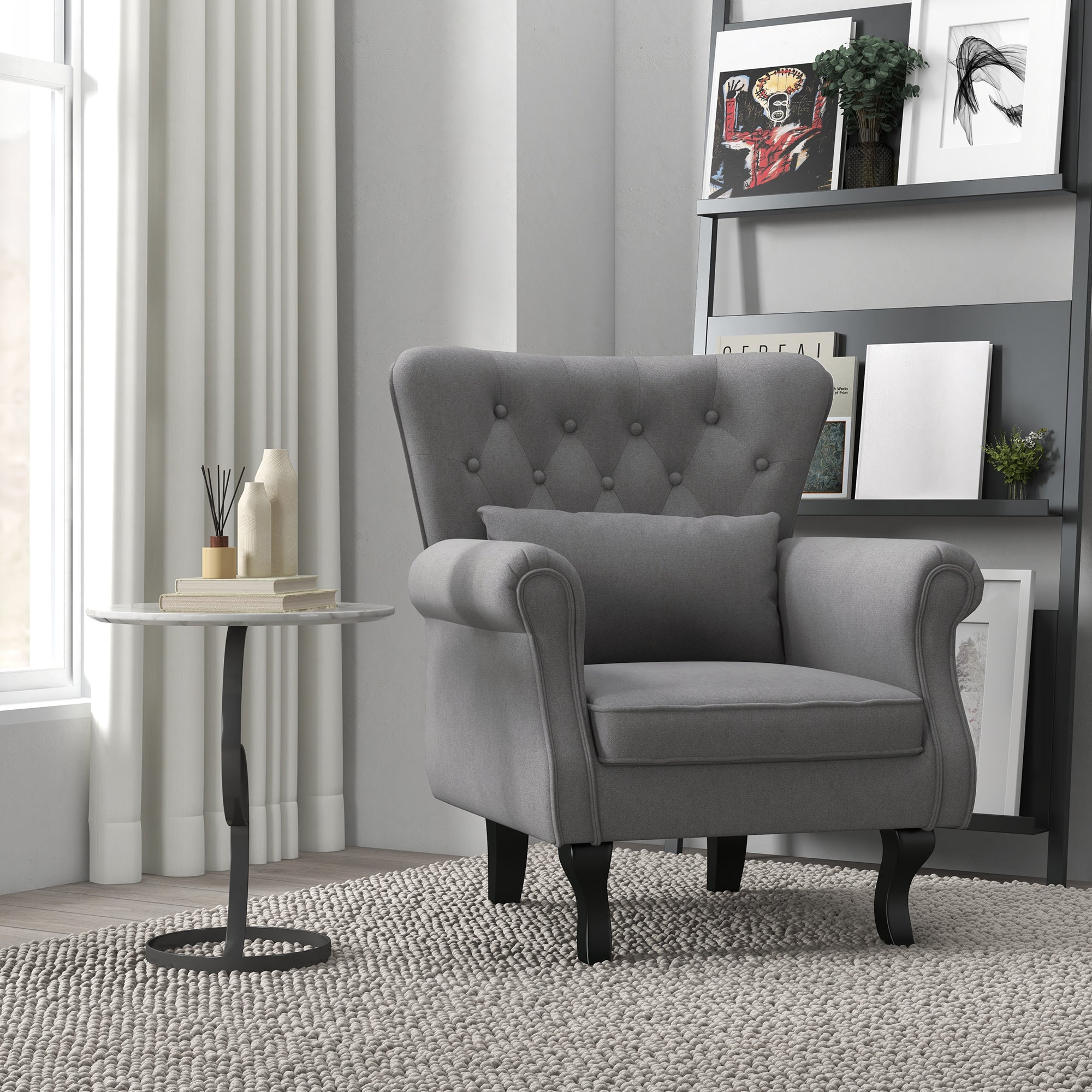 Vintage Style Living Room Armchair, Upholstered Bedroom Armchair with Lumbar Cushion and Fabric Cover, Dark Gray