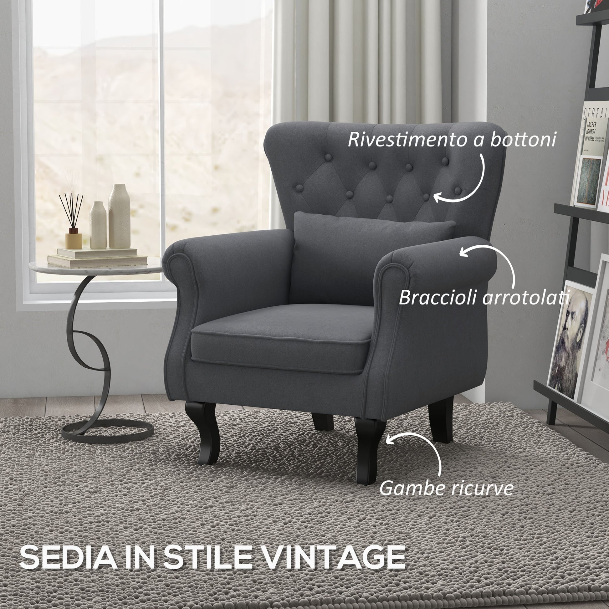 Vintage Style Living Room Armchair, Upholstered Bedroom Armchair with Lumbar Cushion and Fabric Cover, Dark Gray