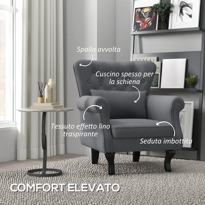 Vintage Style Living Room Armchair, Upholstered Bedroom Armchair with Lumbar Cushion and Fabric Cover, Dark Gray
