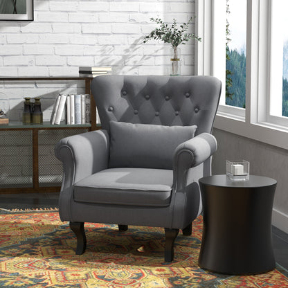 Vintage Style Living Room Armchair, Upholstered Bedroom Armchair with Lumbar Cushion and Fabric Cover, Dark Gray