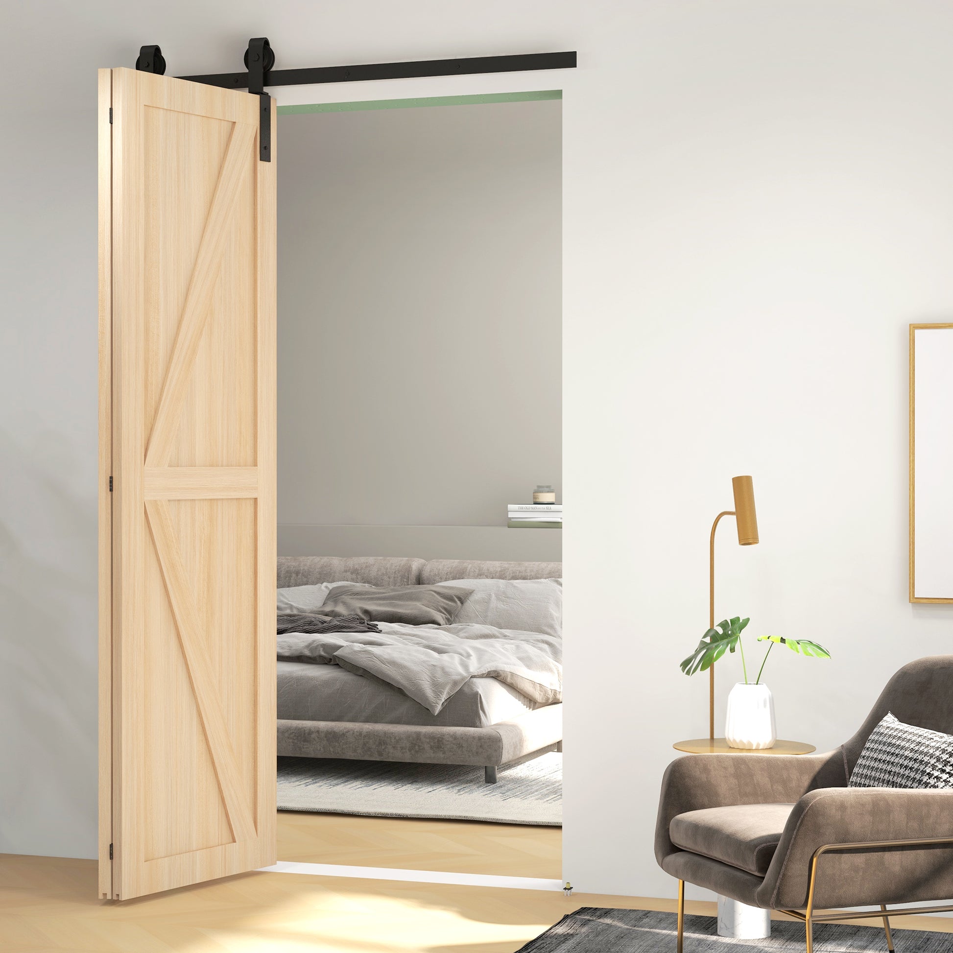 122 CM Sliding Door Hardware Set for Folding Doors Black system for 2 doors with J-shaped hanging